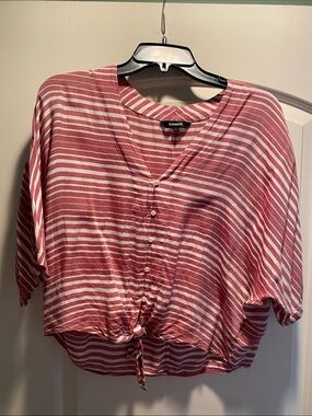 Express Pink and White Striped Front-Tie Button Top